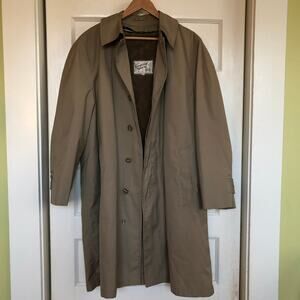 VTG English Squire Trench Coat Removable Fur Lining 44 XL USA Olive Khaki 70s